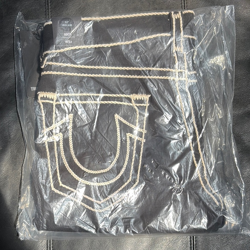 True Religion Black Denim with Cream Stitching